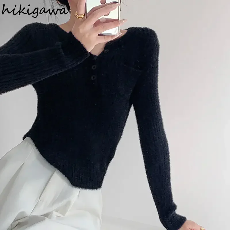 Белый свитер женский 2024 Ropa Mujer туника с круглым вырезом пушистый джемпер модный