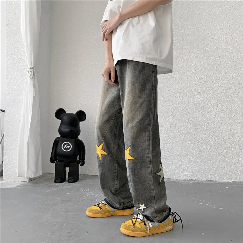 High Street Jeans Men Fashion Hip Hop Streetwear Straight Pants Vintage Star Embroidery Denim Trousers Male Bottoms Y2K Clothes