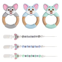 2 pcs animal silicone teether wooden mouse ring bpa free pacifier chain accessories teething toys food grade baby teethers
