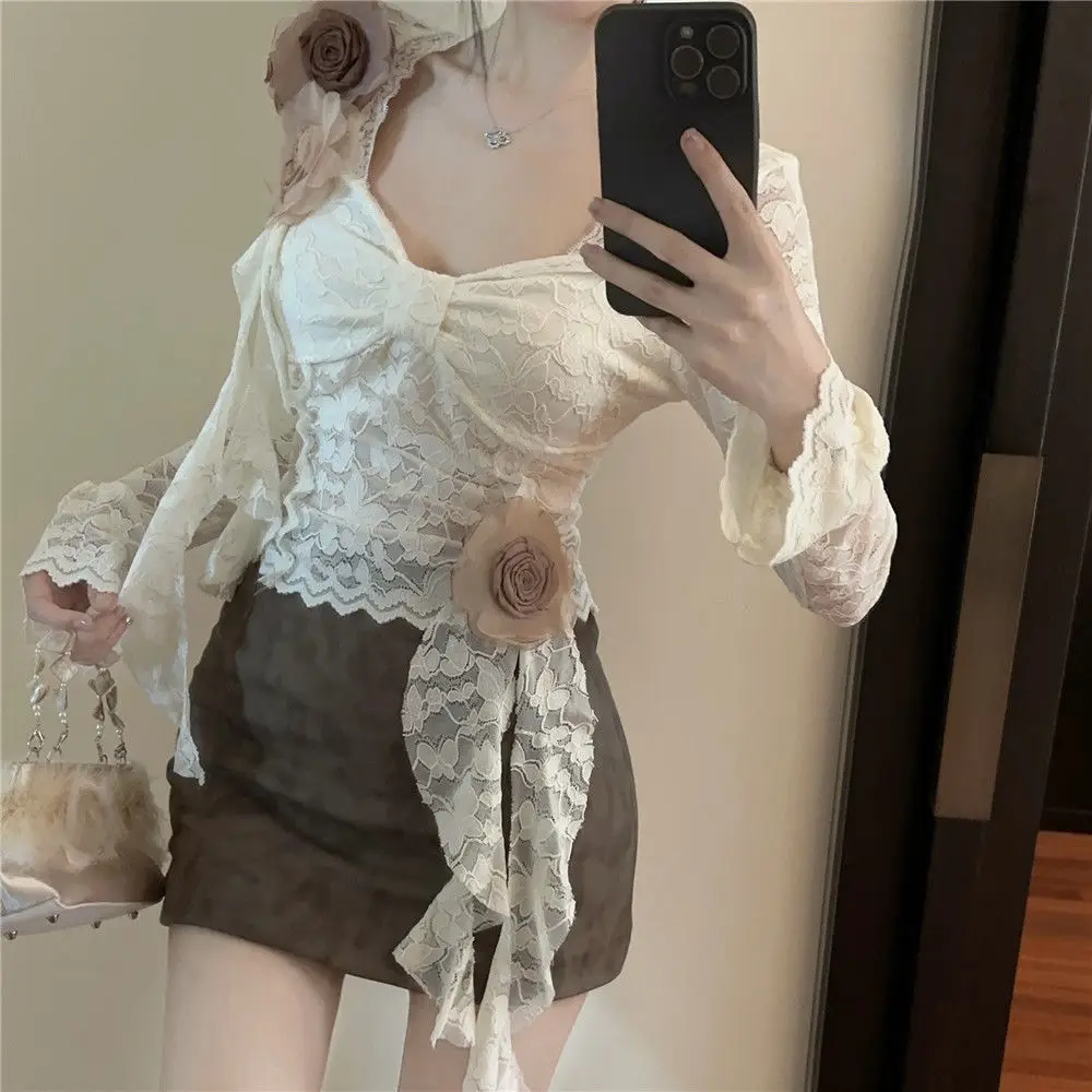 Тонкая нишевая рубашка с кружевными рюшами и полым дизайном