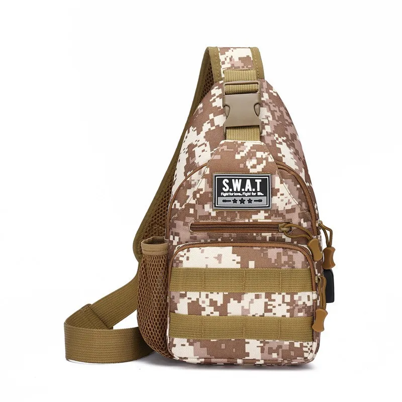 Outdoor Tactical Camouflage Chest Bag Multi-functional Charging Bag Men's Waterproof Wear-resistant Shoulder Bag HOOk&LOOP Flag
