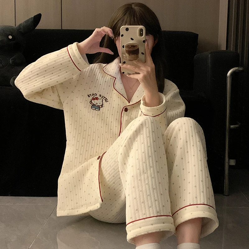 Polka Dot Cute Hellokit Sweet Girl Sandwich Cotton Pajamas Spring and Autumn Winter Air Quilted Homewear