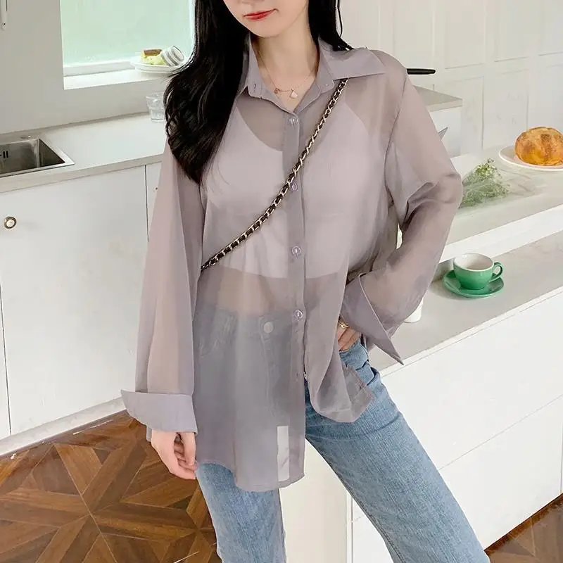 

Women 2022 Summer New See Through Sexy Shirts Female Long Sleeve Cardigan Shirts Ladies Chiffon Sun Protection Blouses Q121