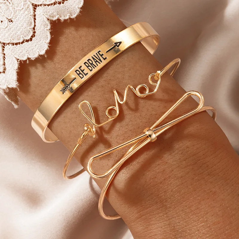 

HI MAN 3Pcs/Set European Personality Bow Be Brave Love Bracelet Women Sweet Romantic Engagement Banquet Jewelry