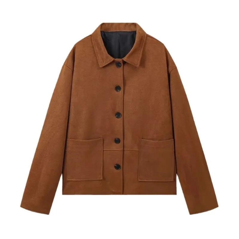 Женская свободная коричневая куртка из искусственной кожи с отложным воротником