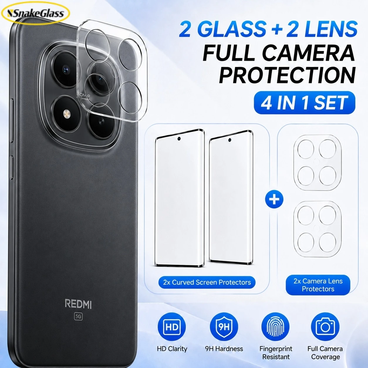 Фото Защитная пленка для экрана Redmi Note 15 Pro+ 15 Pro 4G 14Pro 13 Pro Plus, 2 закаленных стекла + 2 пленки для объектива, HD прозрачные, 9H, с защитой от отпечатков пальцев №1