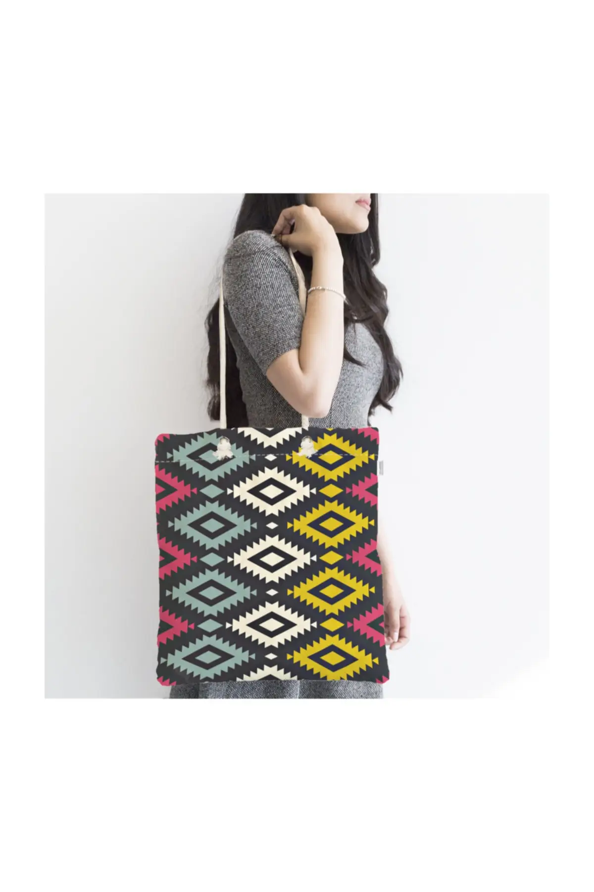 

Women Beach Bag Colorful Geometric pattern Printed Zipper Fabric Tote Bag Summer Shopping Bags