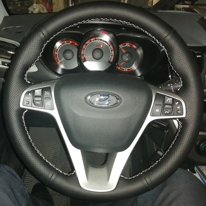 

Black Genuine Leather Steering Wheel Cover Hand-stitched Car Steering Wheel Cover For Lada Vesta 2015 - 2017 Car Accessories