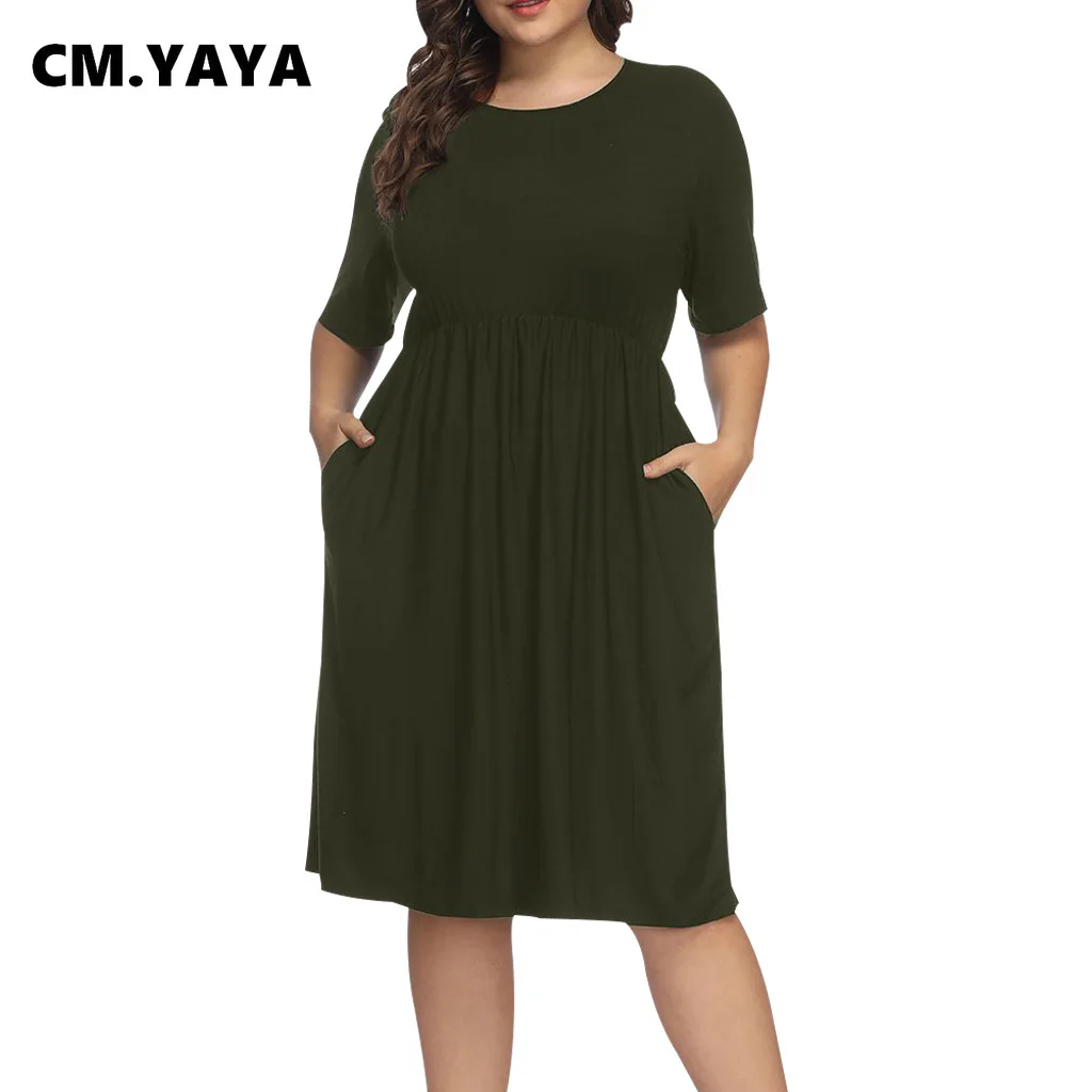 

CMYAYA Plus Size Women Half Sleeve O-neck High Waist with Pocket Big Swing Knee Length Dress 2022 Summer Female Casual Dresses