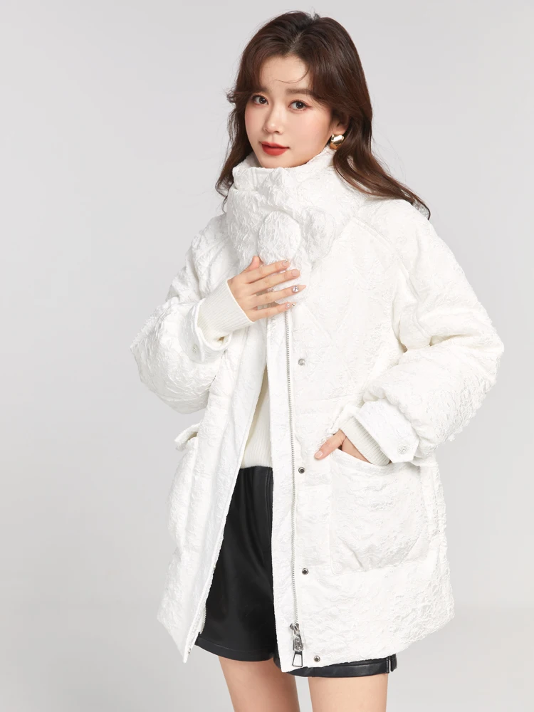 ONE-T Women Thick Warm White Duck Down Lace Coats Korean Fashion Sweet Jacket For Young Girls Long Turtleneck Solid Overcoats