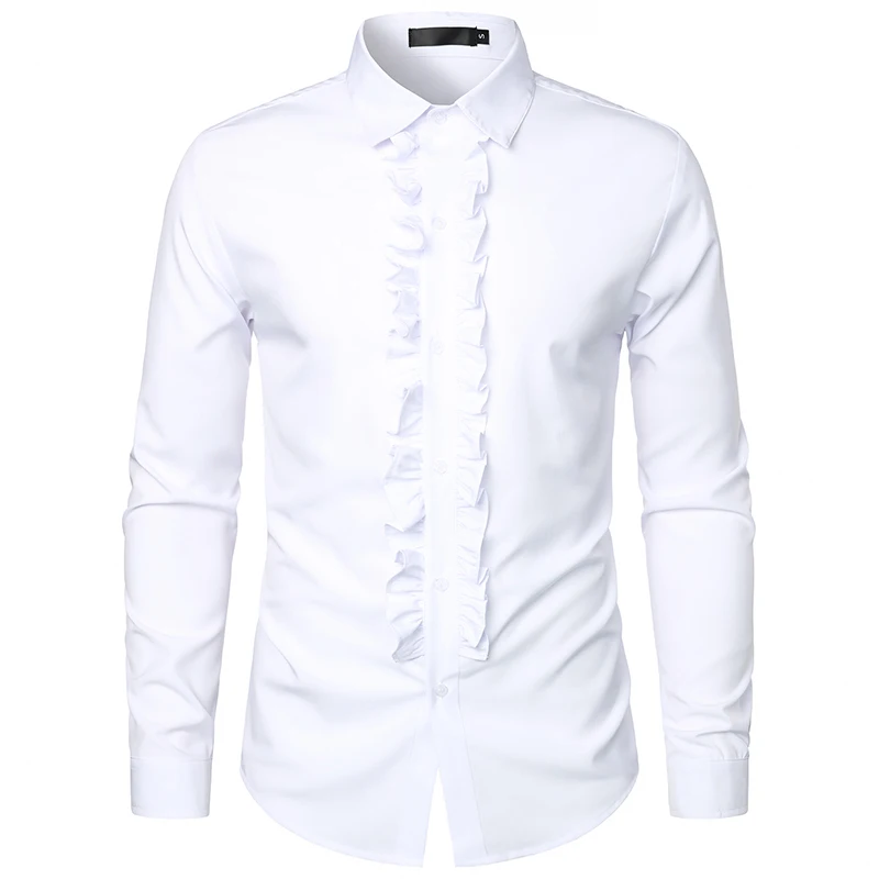 

Mens White Ruffle Tuxedo Shirt Party Wedding Groom Singer Formal Dress Shirts Long Sleeve Pleated Button Down Shirts for Men 2XL