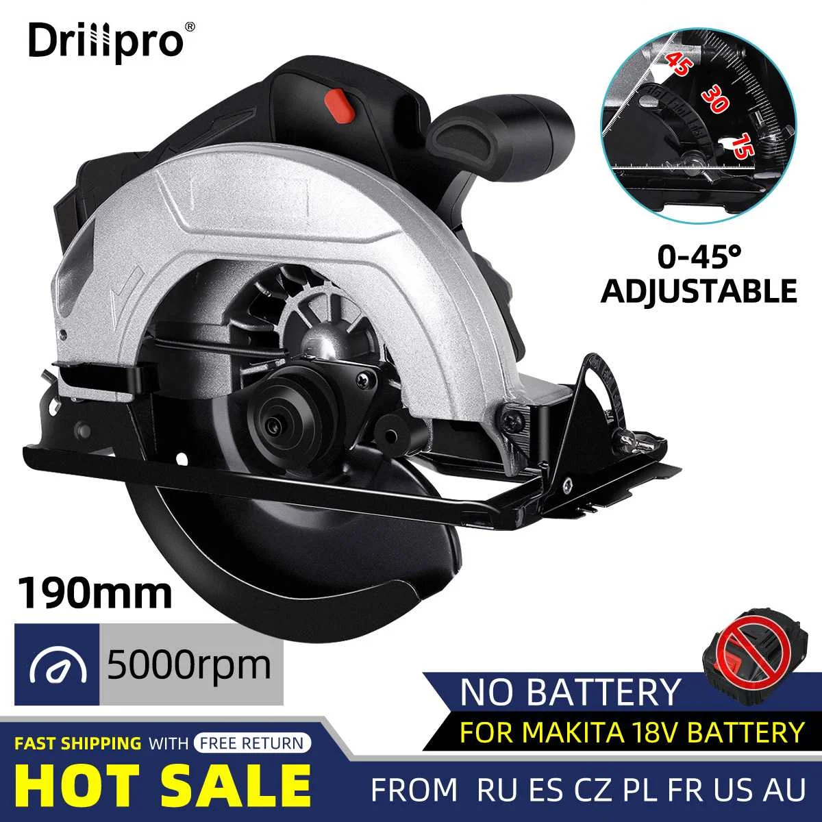 

Drillpro 190mm 5000RPM Electric Circular Saw Dust Passage Woodworking Cutting Machine Cordless Tool for Makita 18V Battery
