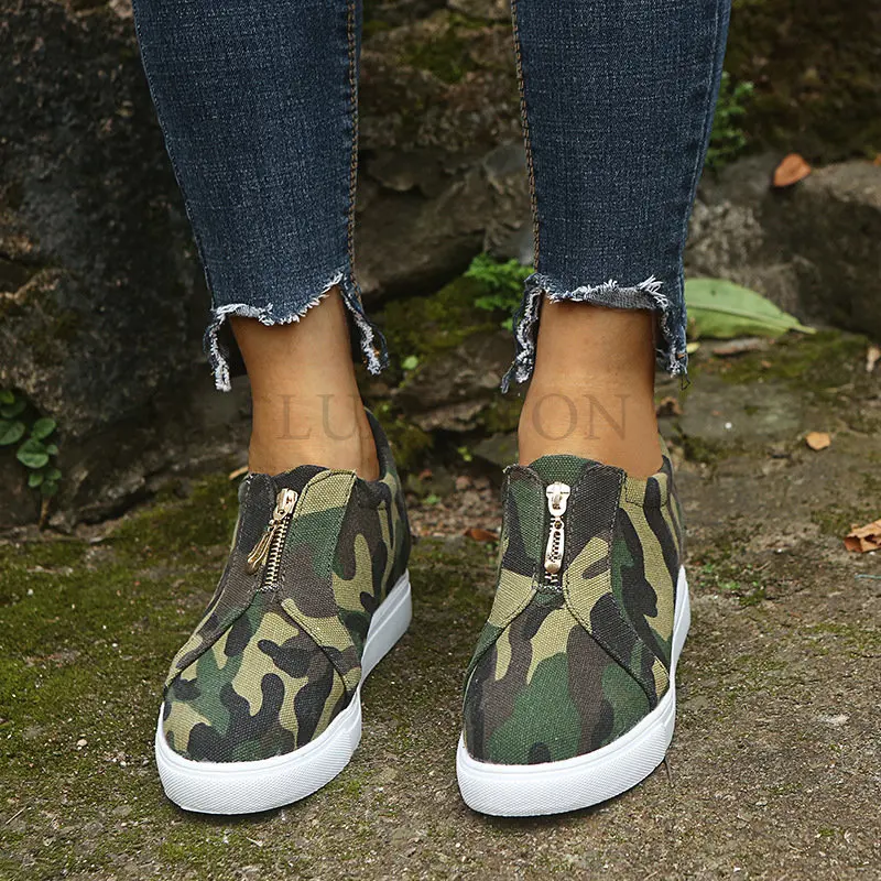 

Women Canvas Shoes Fashion Loafers Front Zipper Flat Vulcanized Comfortable Inner Height Platform Zapatillas Mujer