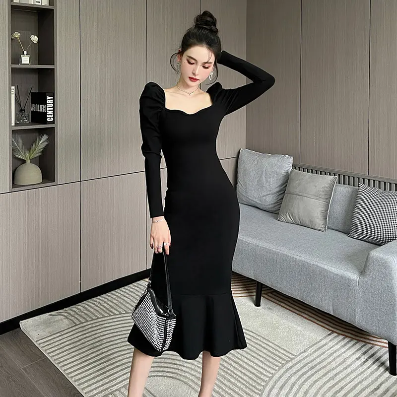 

Spring Women Party Dress French Vintage Black Split Dress Long Puff Sleeve Slim Waist Vestdios Female Bodycon Dress