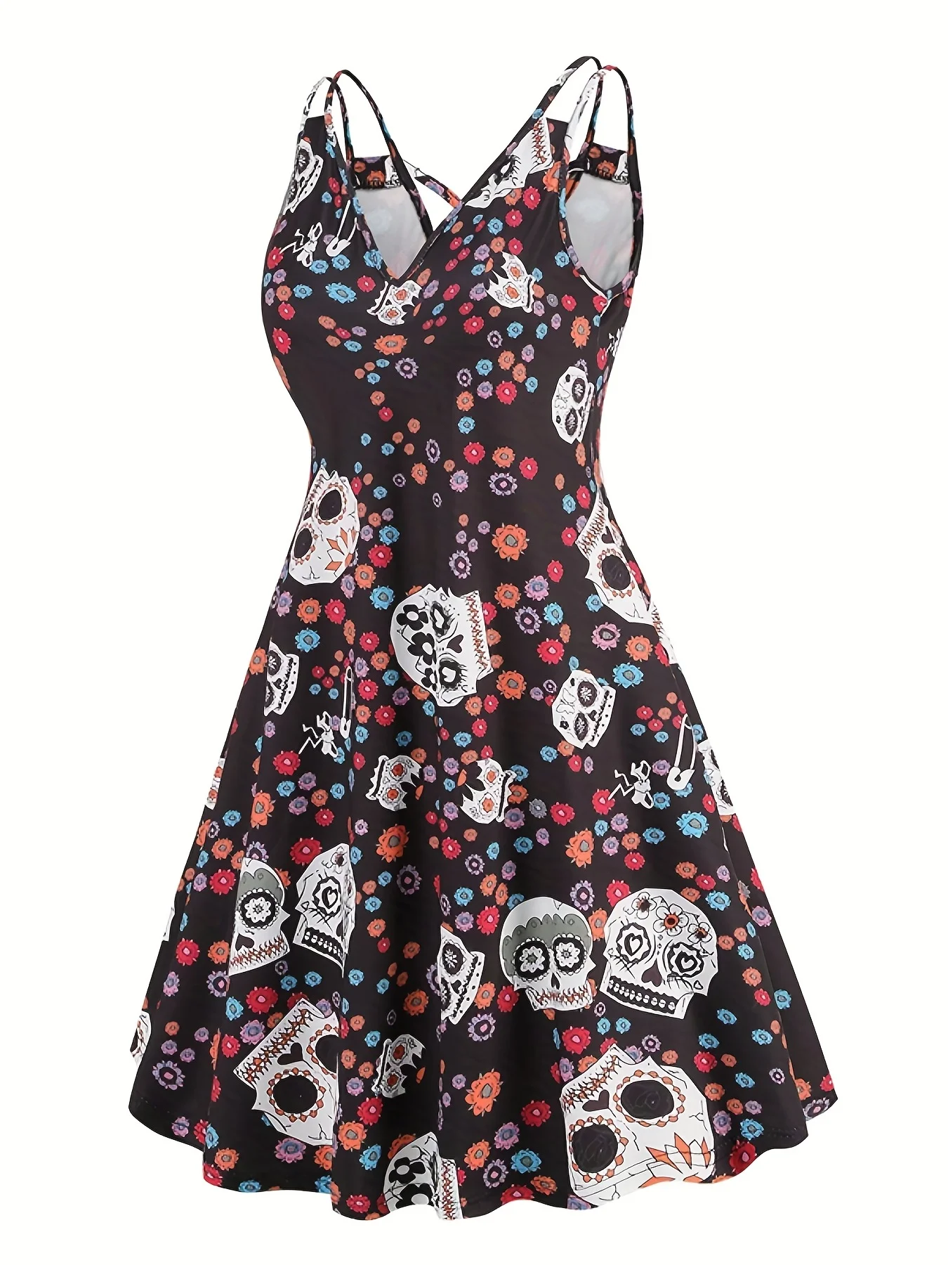 Платье с черепом и цветочным принтом готическое платье без рукавов V-образным