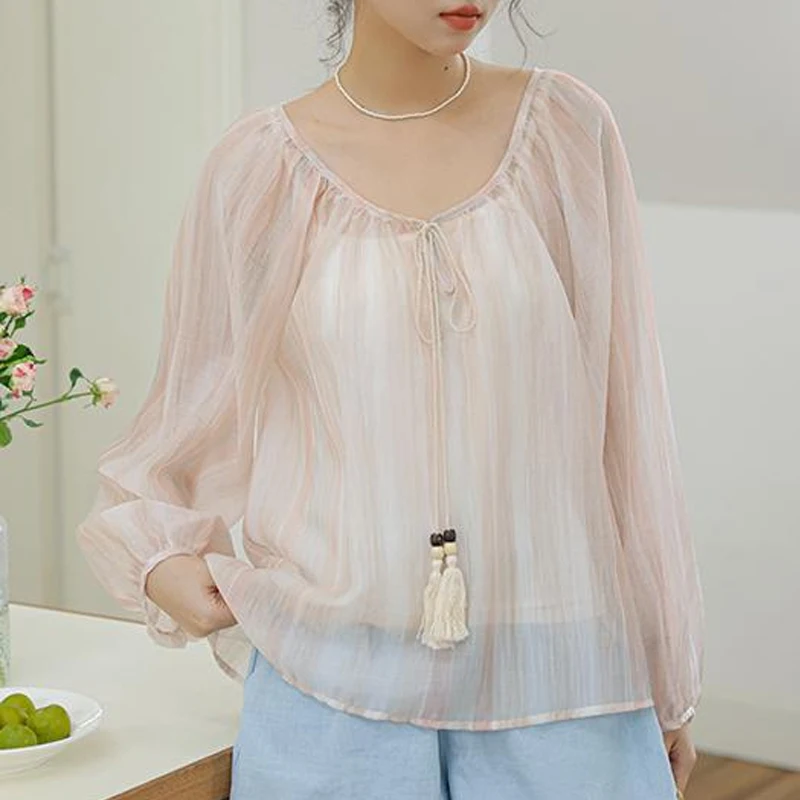 

Summer Women's Long Sleeved V-neck Vintage Lantern Sleeves Solid Pleated Lace Up Sun Protection Shirt Blouse Tops Camisas A116