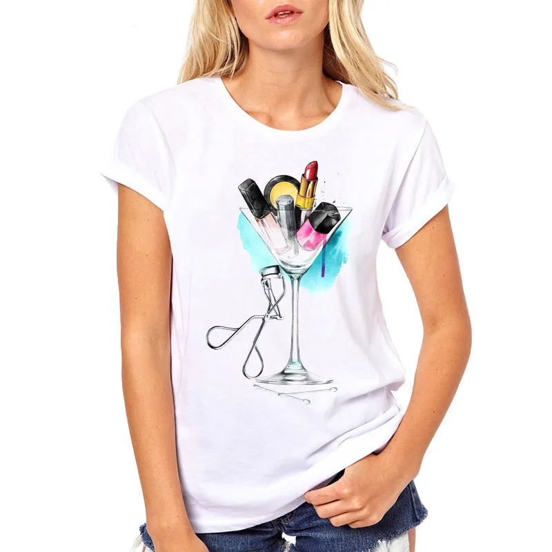 

Spring and summer women's short sleeve T shirt fashion nail polish print large size fat MM round collar casual girl T shirt