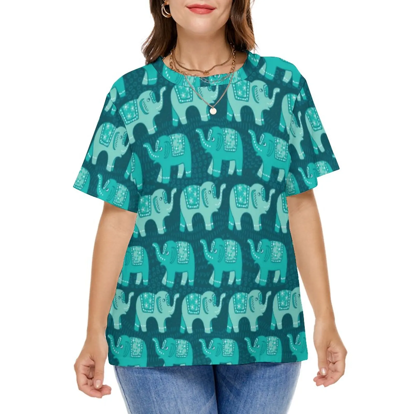 Teal Floral Elephant T-Shirt Paisley Animal Print Hip Hop T Shirts Short Sleeve Casual Tshirt Beach Pattern Tops Plus Size 5XL