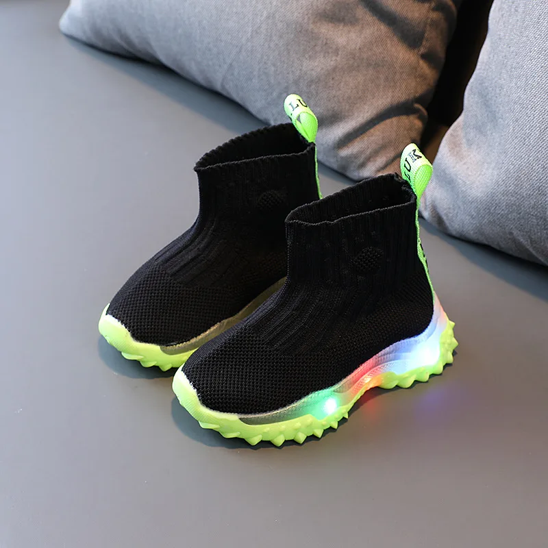 

Size 21-30 Baby Sock Shoes With LED Lights Mesh Luminous Sneakers For Kids Boys Girls Children Breathable Glowing Toddler Shoes