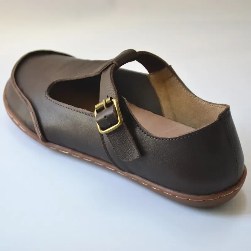 Женская обувь из воловьей кожи в стиле ретро Т-образная форма на плоской подошве