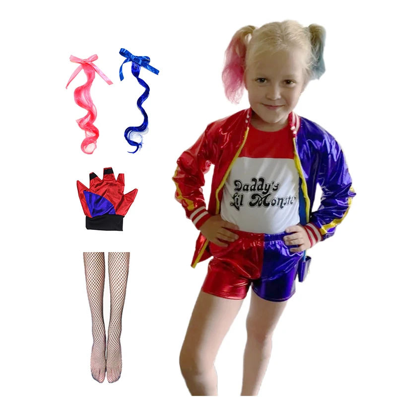 Детские костюмы для косплея Харли девочек футболка отряда Квинна куртка парик