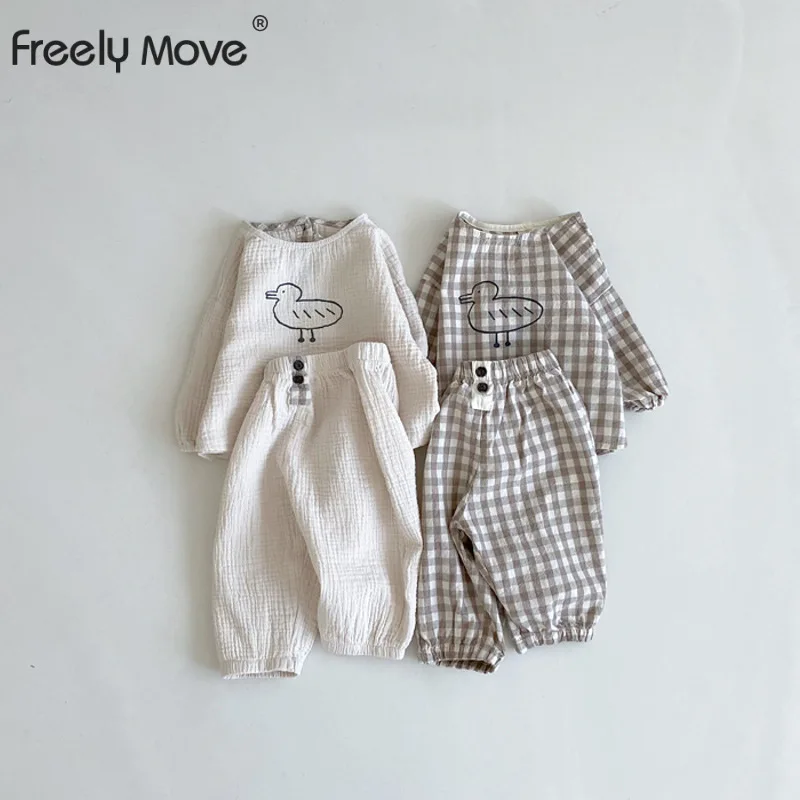 

Freely Move 2022 Toddler Boys Girls 2PCS Spring Clothes Set Long Sleeve Shirts Tops+Loose Pants Kids Cartoon Plaid Outfit Set