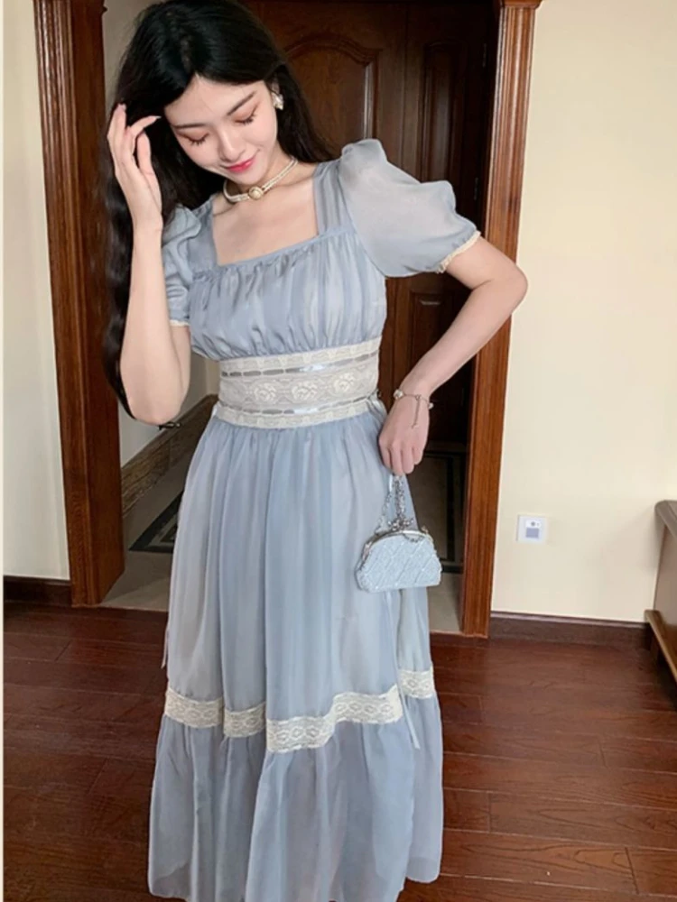 

Summer Blue Elegant Dress Women Vintage Evening Party Midi Dresses Female Korean Fashion Holiday Short Sleeve Chiffon Dress