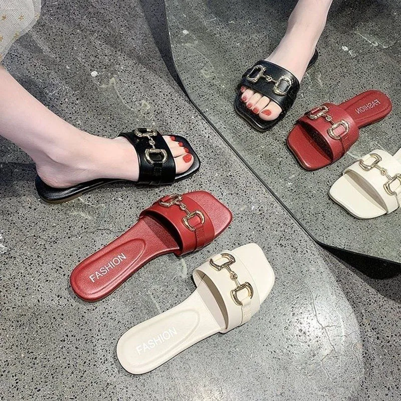 2022 Women's PU Shoes Fairy Ins Tidy Slippers Women's Summer Outwear Non slip Flat Sole One word Cool Slippers Large Size