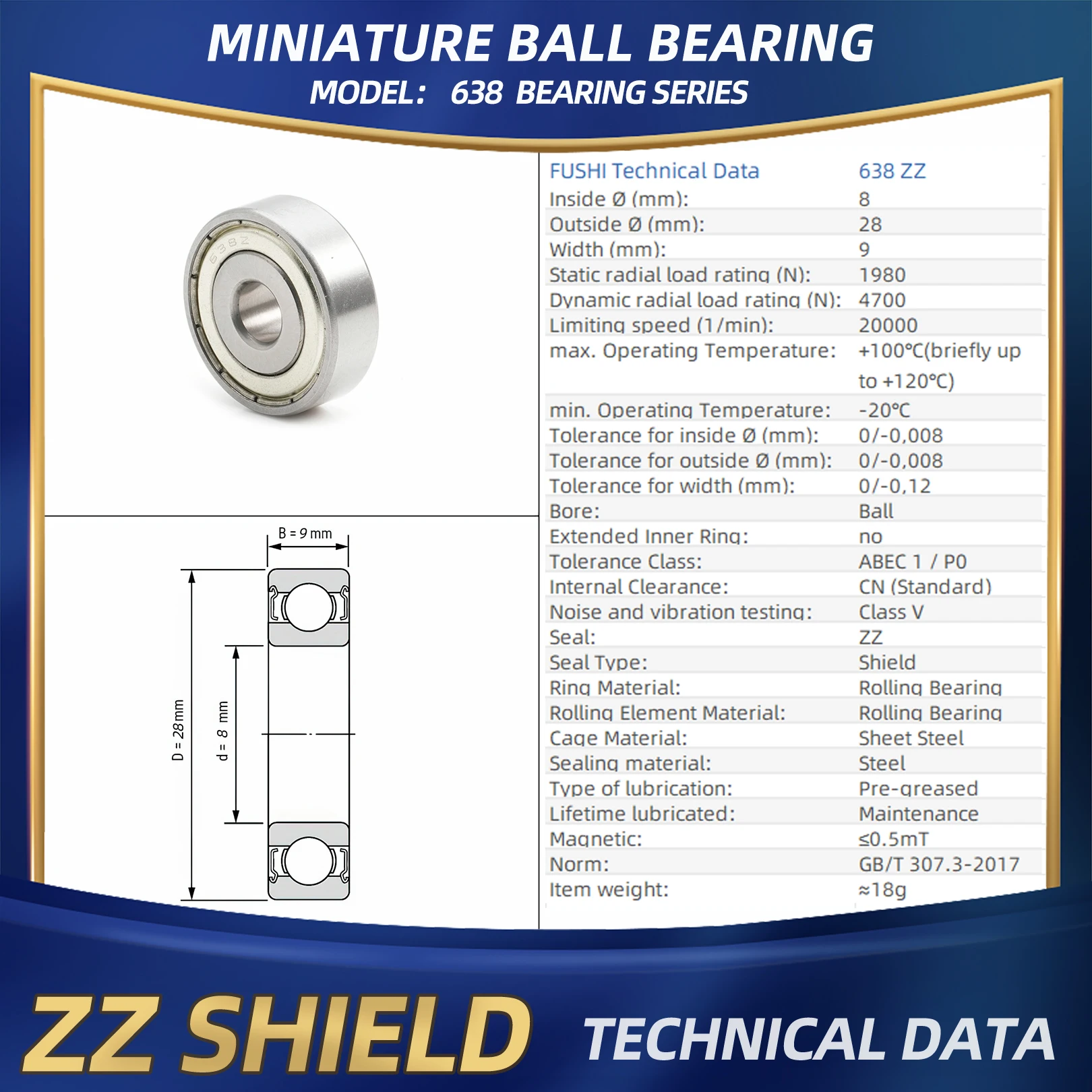Фото FUSHI 638ZZ 638 2RS подшипник 8x28x9 мм 10 шт. 638 ZZ 638 RS UC638 ZZ подшипник для сильных промышленных двигателей высокая скорость №2