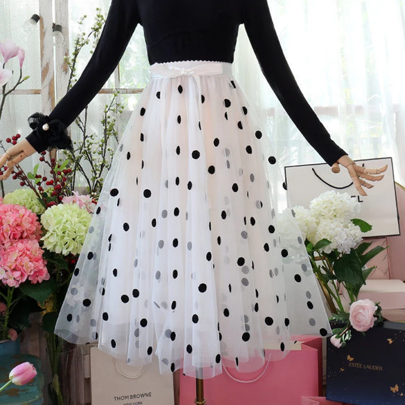 New French style retro high waist love mid length skirt in spring 2022 korean style harajuku black skirt Casual  A-LINE  Lace