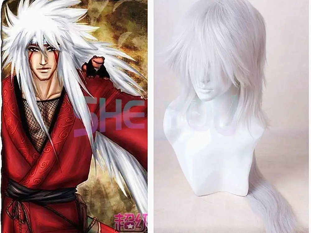 

Длинный белый термостойкий синтетический парик Jiraiya для косплея хвоста + шапочка