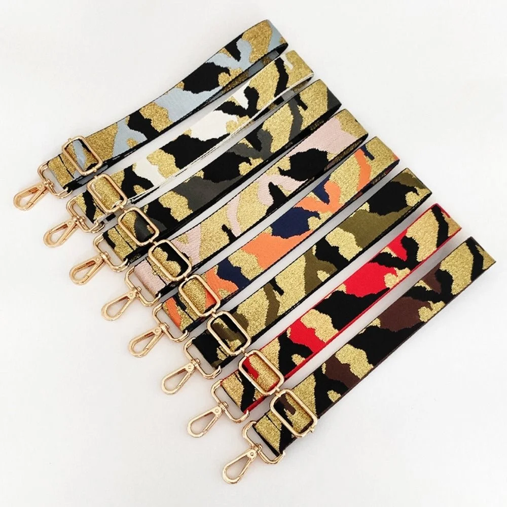 

Hot Adjustable Wide Camouflage Shoulder Straps Colored Long Bag Handle Belts Webbing Crossbody Bags Accessories With Gold Buckle