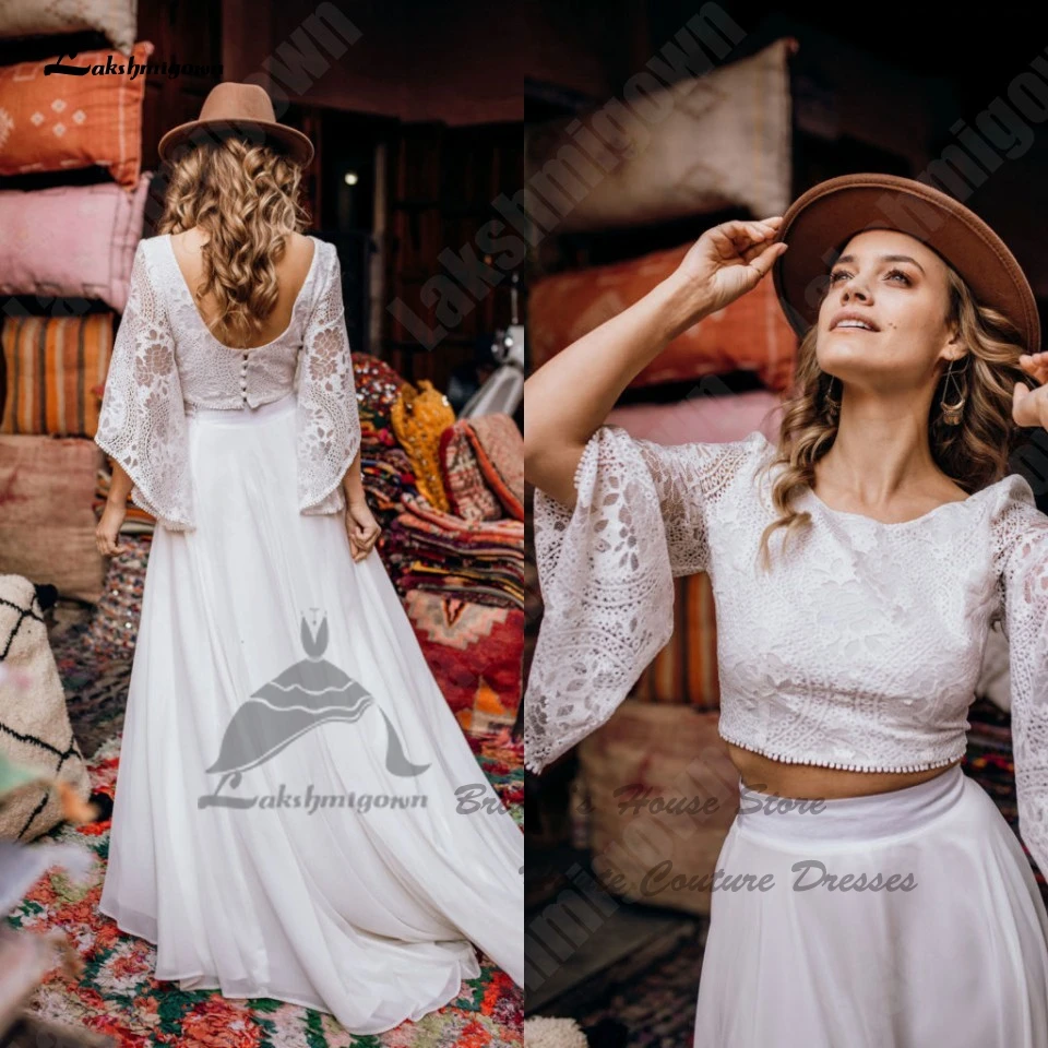 

Lakshmigown Classic 2 Piece Chiffon Boho Wedding Dress 3/4 Sleeves 2023 Robe Mariee Sexy Bridal Beach Summer Wedding Gowns