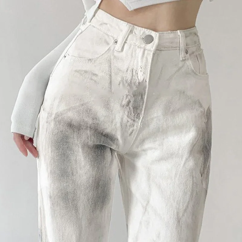 

Autumn Women's Jeans Y2K High Waist Streetwear Pants Cotton Baggy Denim White Trousers Mom Loose Boyfriend Classic Pant