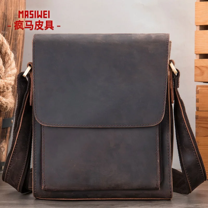 Crazy Horse Leather Men's Bag Men's Leather Shoulder Bag Men's Retro Trendy Crossbody Bag Large Capacity Cowhide Shoulder Bag