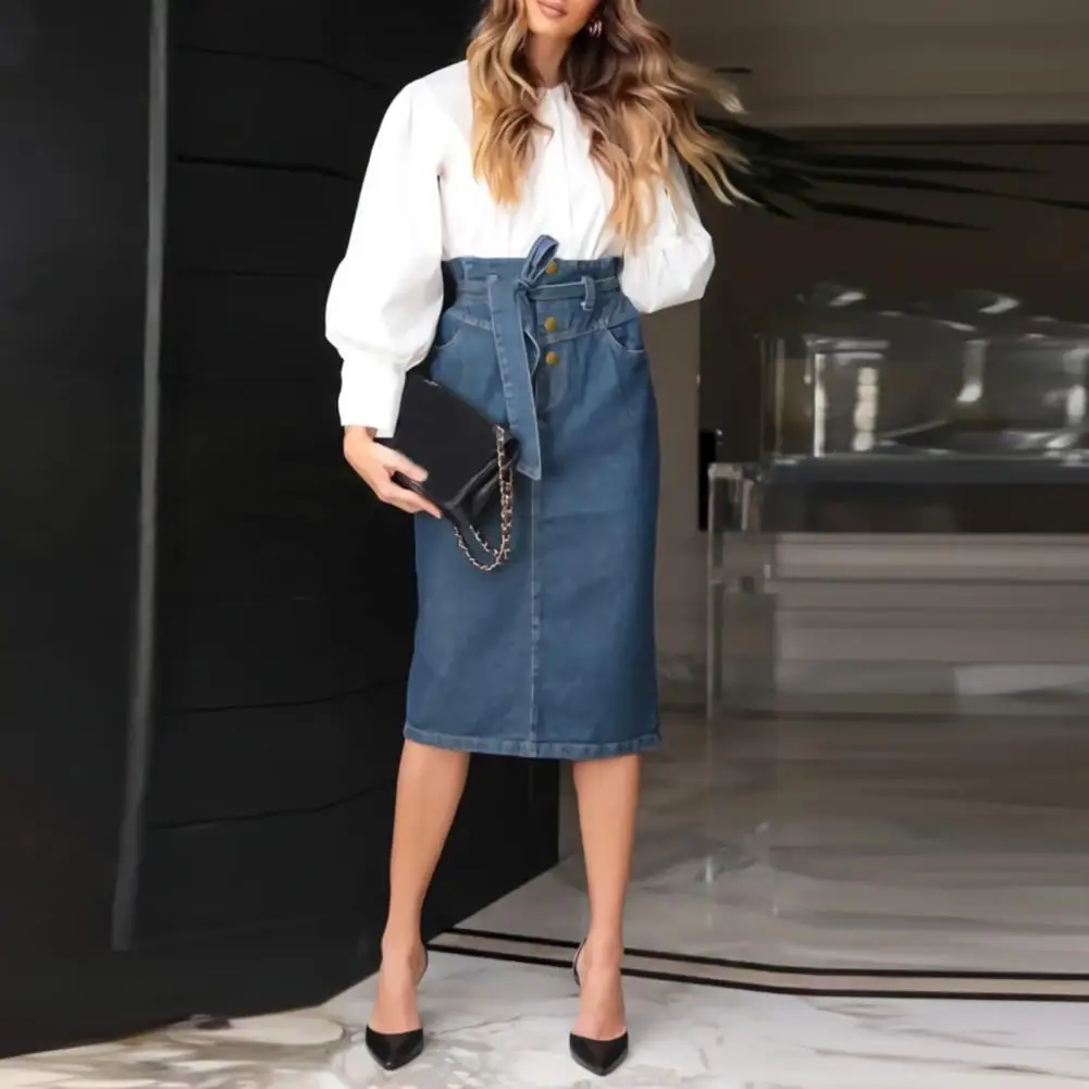 

Юбка-карандаш Женская джинсовая средней длины, с завышенной талией, бантом и косыми карманами, на пуговицах, Осень-зима