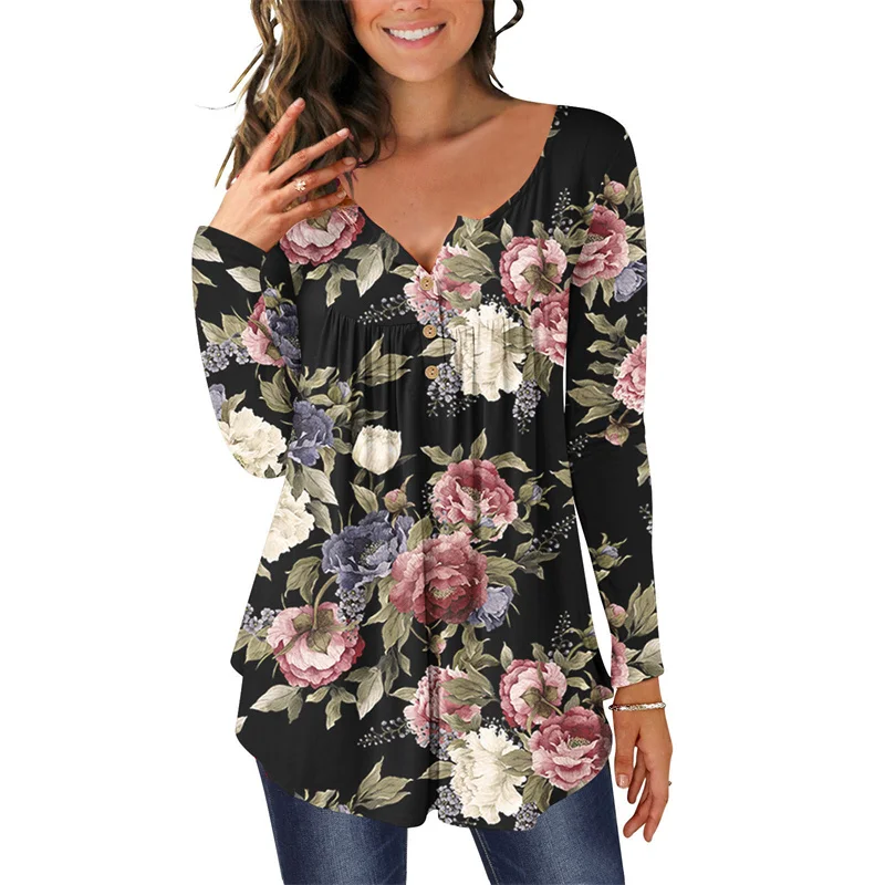 

2023 Vintage Flower Print Loose Button V Neck T-Shirt Female Comfortable Casual O Neck Pullover Tees Women Pleated Splicing Tops