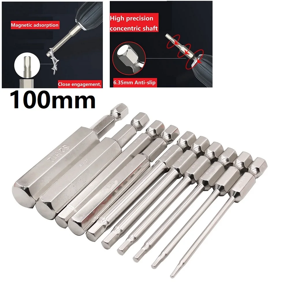 

10pcs 1/4" Hex Shank Head Allen Wrench Screwdriver Socket Bit Metric Magnetic Screwdriver Bits Set 100mm Hand Tools