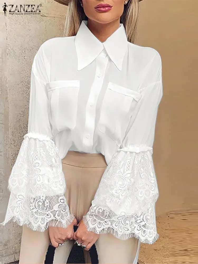 

ZANZEA Women Flare Sleeve Blouses Pockets Lace Stitching 2023 Fashion Lapel Buttons Up White Blusa Chic Elegant Casual Shirts