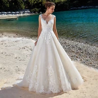 beach illusion v neck wedding dress sleeveless lace appliques bridal gown illusion tulle button sweep train vestido noiva boho