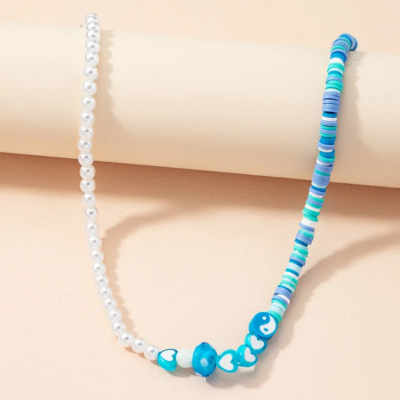 

2022 Trend Boho Beaded Soft Pottery Necklace for Women Blue Mushroom Heart Clavicle Chain Bohemian Glamour Jewelry