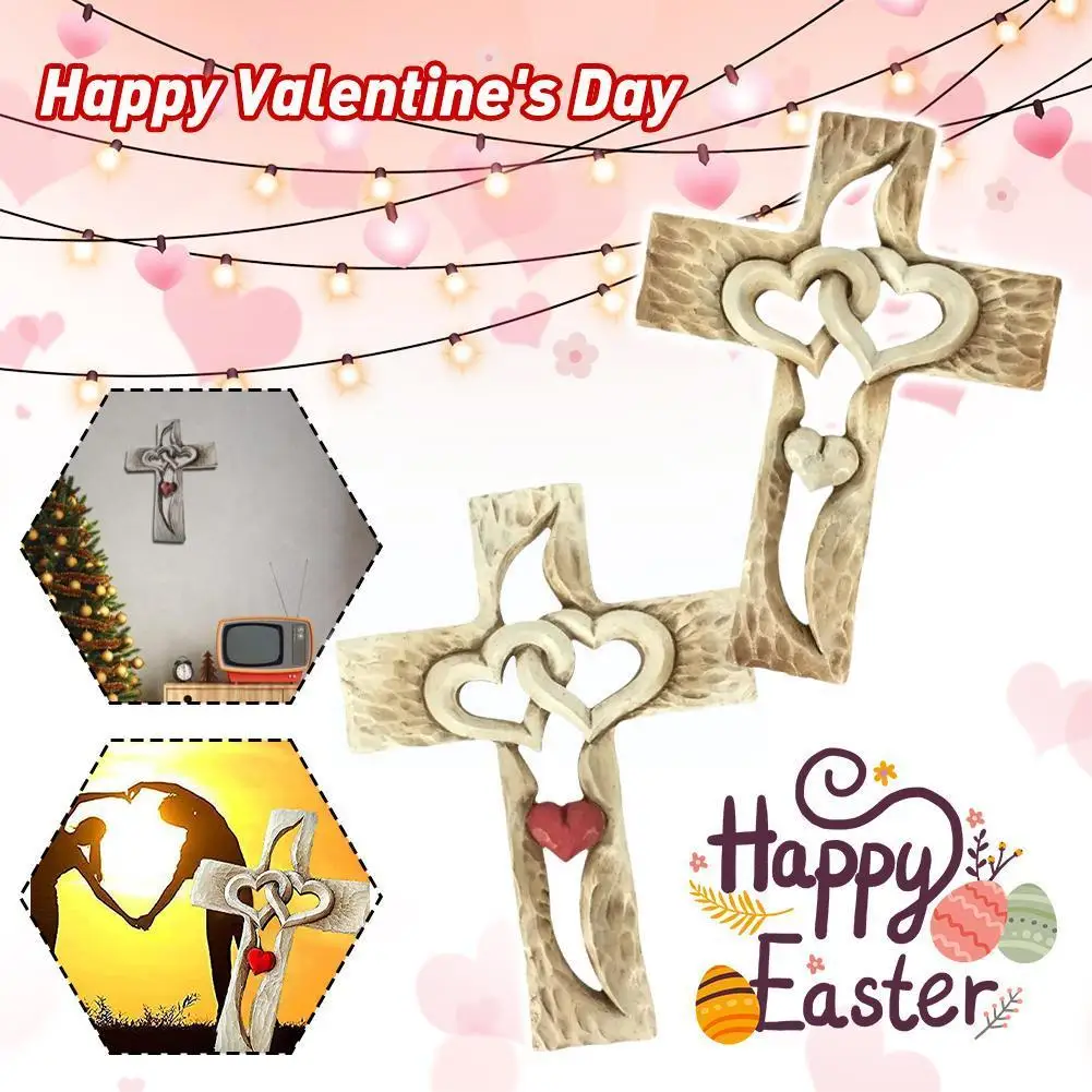 

Carved Cross Intertwined Hearts Pendant Wooden Hanging Sculpture Decorative Carved Works Hand Ornaments Wall Mounted F7Q4
