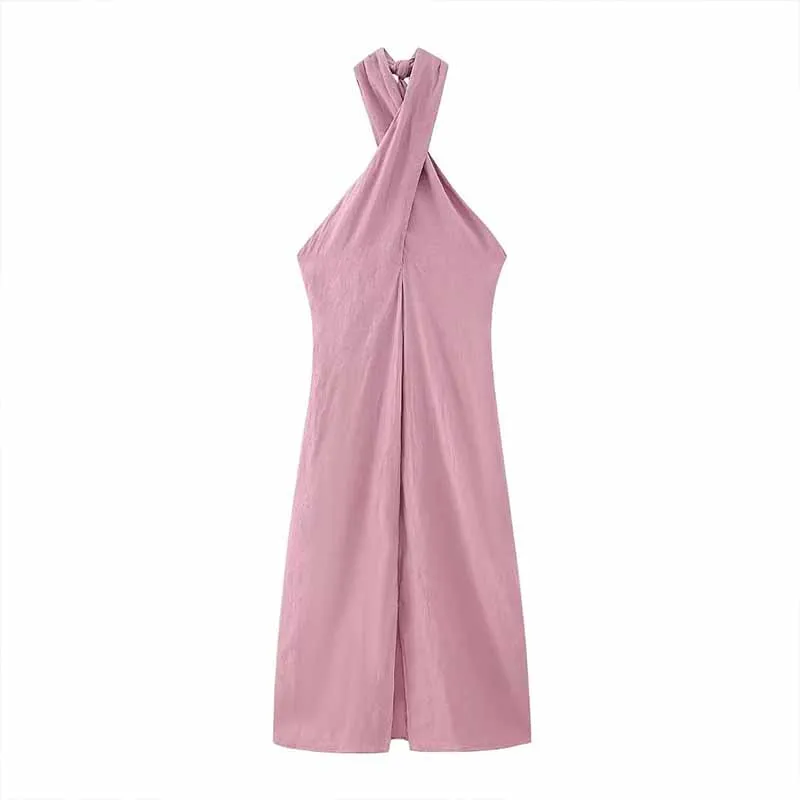

Women Fashion Linen Halter Neck Long Dress Vintage Off Shoulder Sexy Backless 2023 Summer Vacation Beach Vestidos