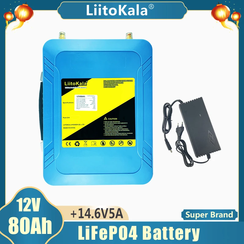 

LiitoKala 12V/12.8V 80Ah Lifepo4 Battery LED 5v USB for Solar Light RV Outdoor Camping Energy Backup Power Golf Cart +14.6V 5A