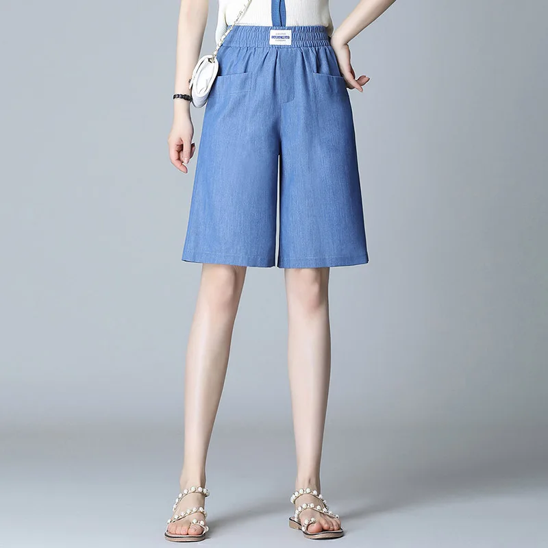 

Women's Casual Loose Shorts Korean Style Large Size Wide Leg Straight Knee Length Pant Summer Thin Tencel Denim Five-point Pants