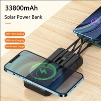 fast qi wireless charger solar power bank 33800mah built in cable 40w super fast charging for iphone 13 huawei xiaomi powerbank