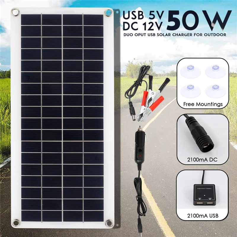 

50W Solar Panel 12V Monocrystalline USB Power Portable Outdoor Solar Cell Car Ship Camping Hiking Travel Phone Charger