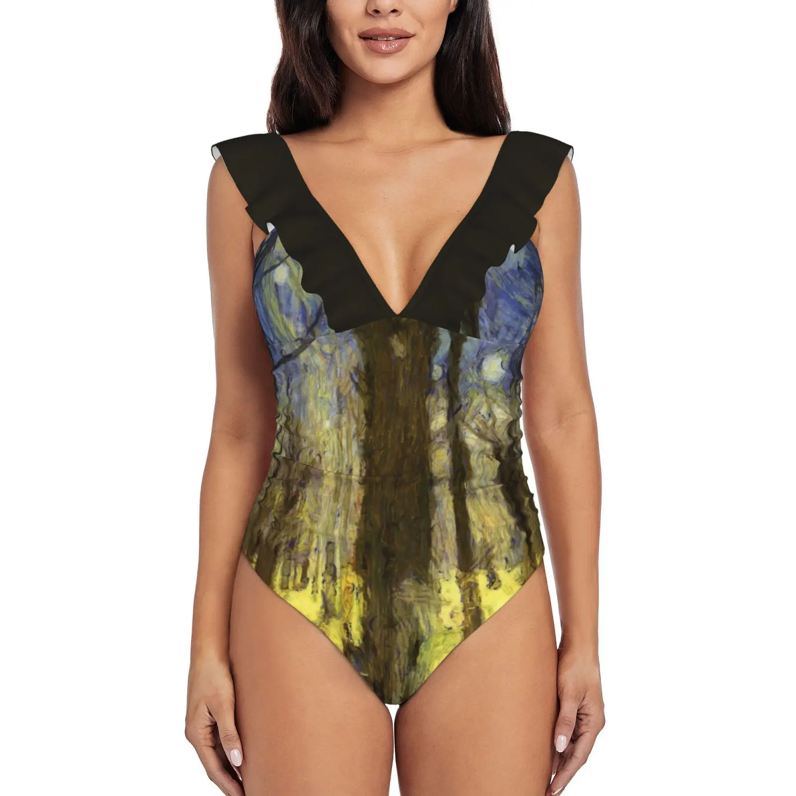 

Женский слитный купальник с рюшами, принтом и пуш-ап эффектом