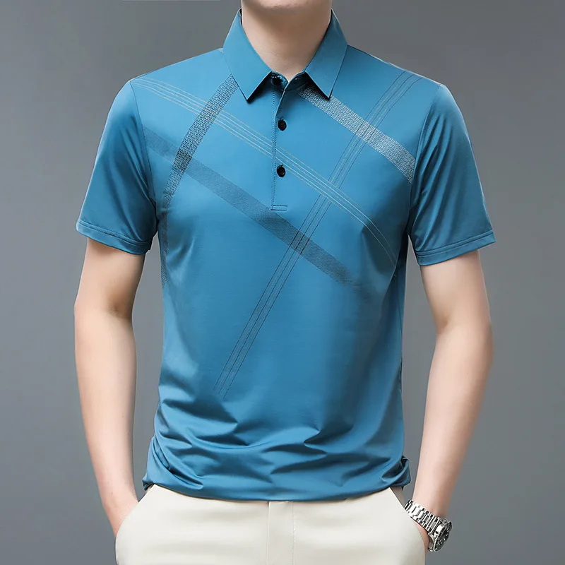 New Summer Short Sleeve Polo Shirt Men's Striped Business Polo Neck T-shirt Golf Clothing Men's Ice Silk Top
