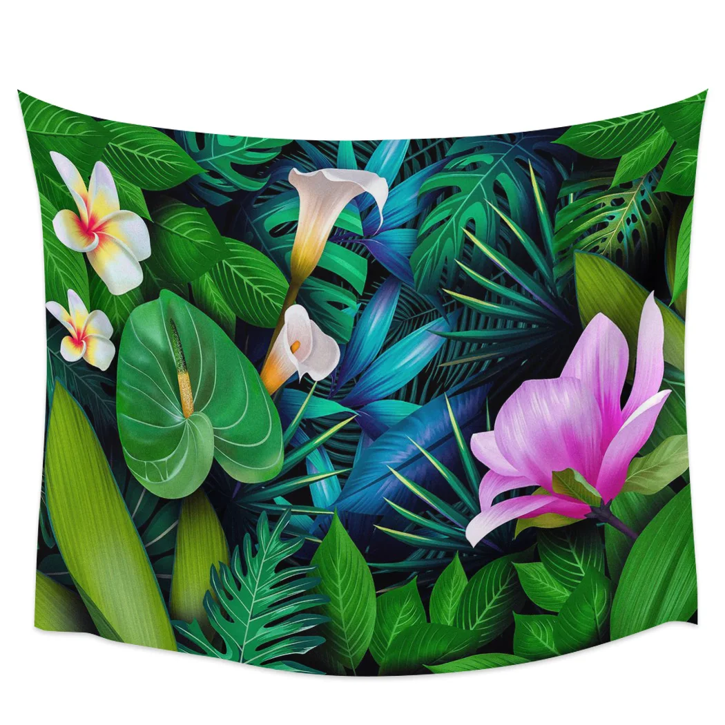 

Настенный гобелен с зелеными листьями растений и плюмерией, декоративная ткань для спальни, гостиной, гобелен для йоги, пляжное полотенце